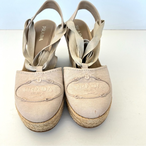 PRADA Beige Canvas Ankle Strap Lace Wrap Platform Wedges Sandal Espadrille Sz 38 - Picture 2 of 15